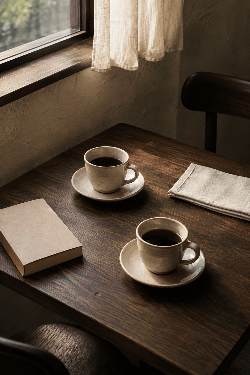 Two ceramic cups on a sunlit café table